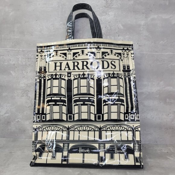Harrods PVC Shopping Tote Bag Reusable Cream Black - Picture 1 of 13